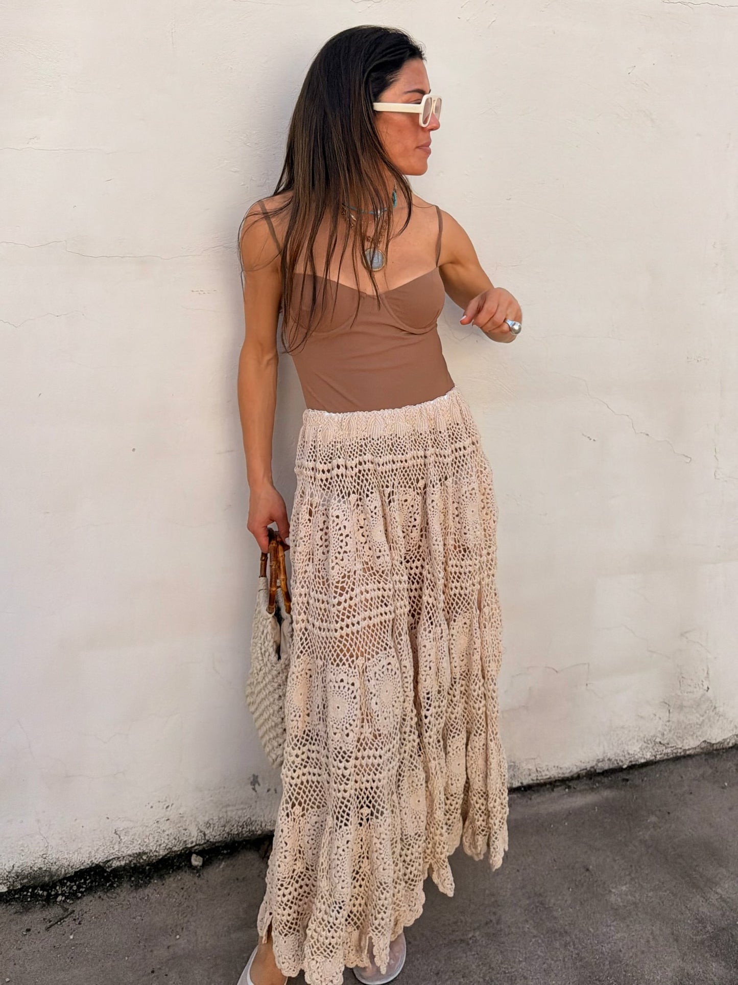 Tan Crochet Full Maxi Skirt