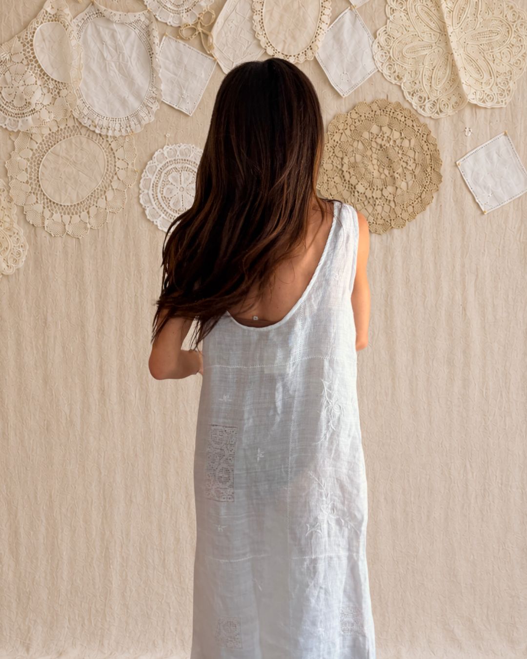 Gauzy Antique Linen Tablecloth Dress White