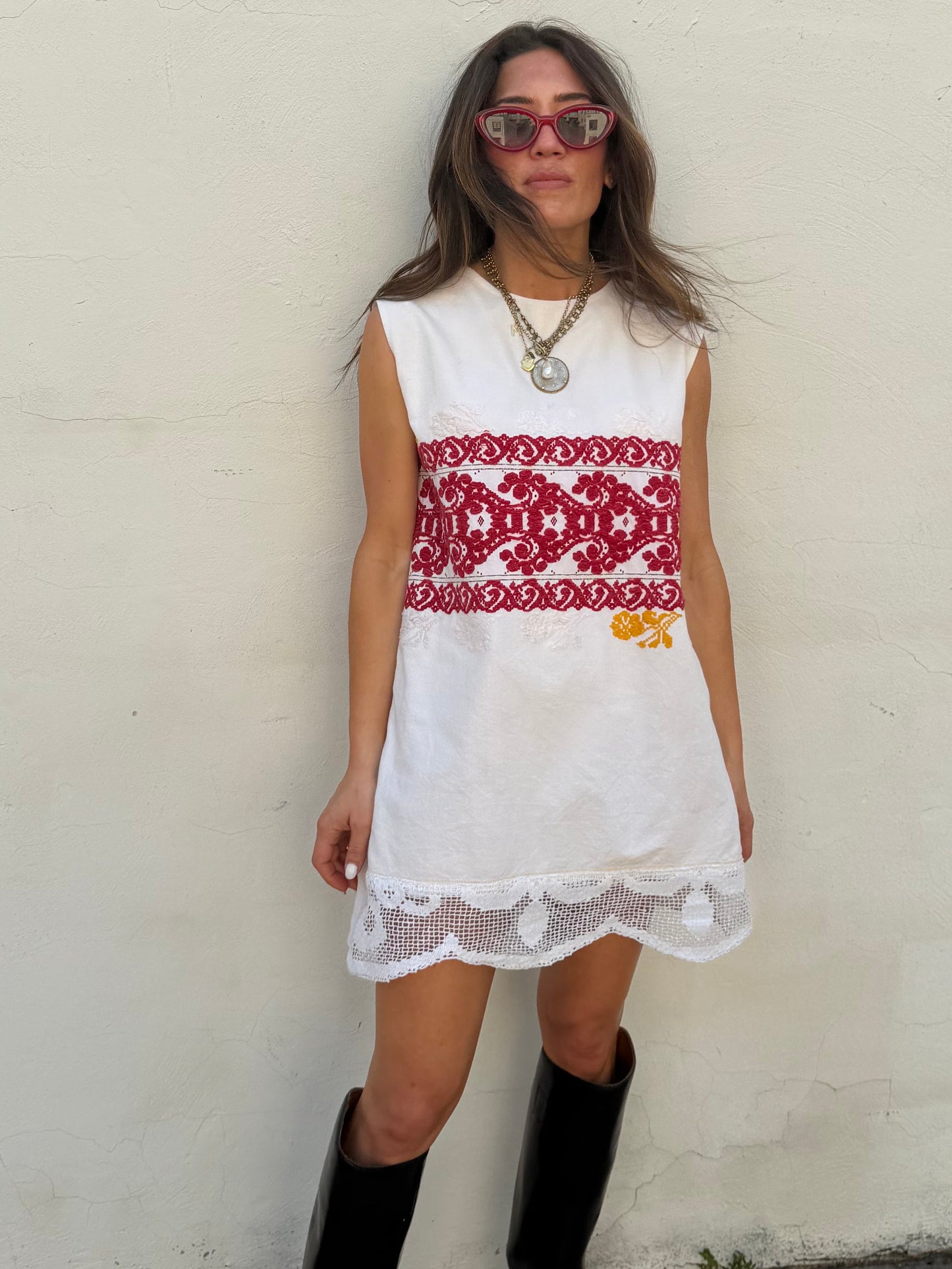 Red and Yellow Linen Embroidery Mini Dress