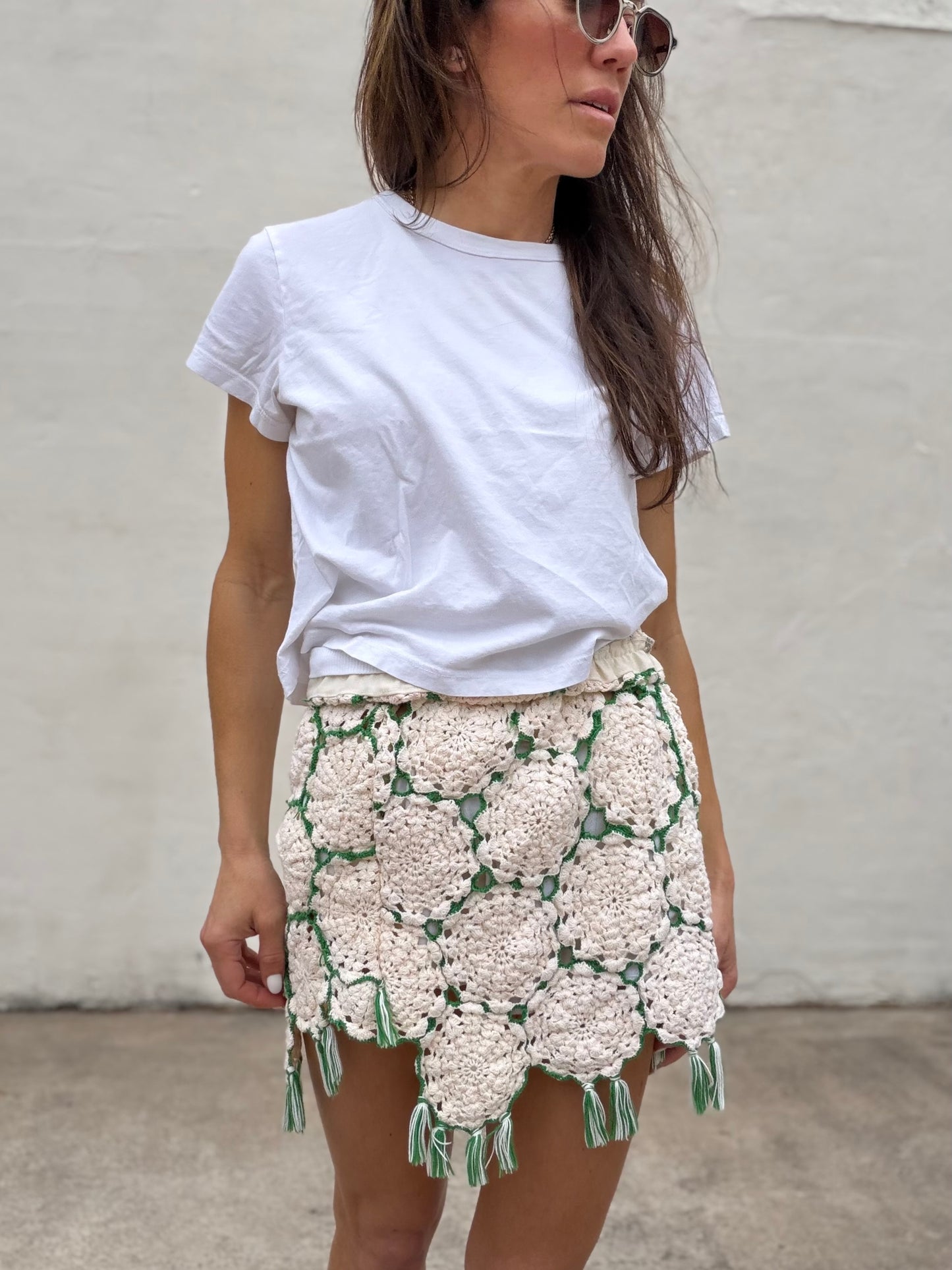 Green and Cream Crochet Fringe Mini