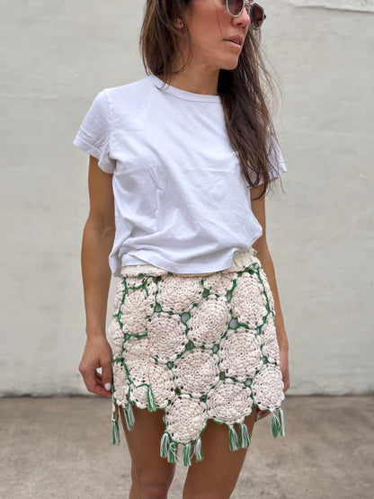 Green and Cream Crochet Fringe Mini