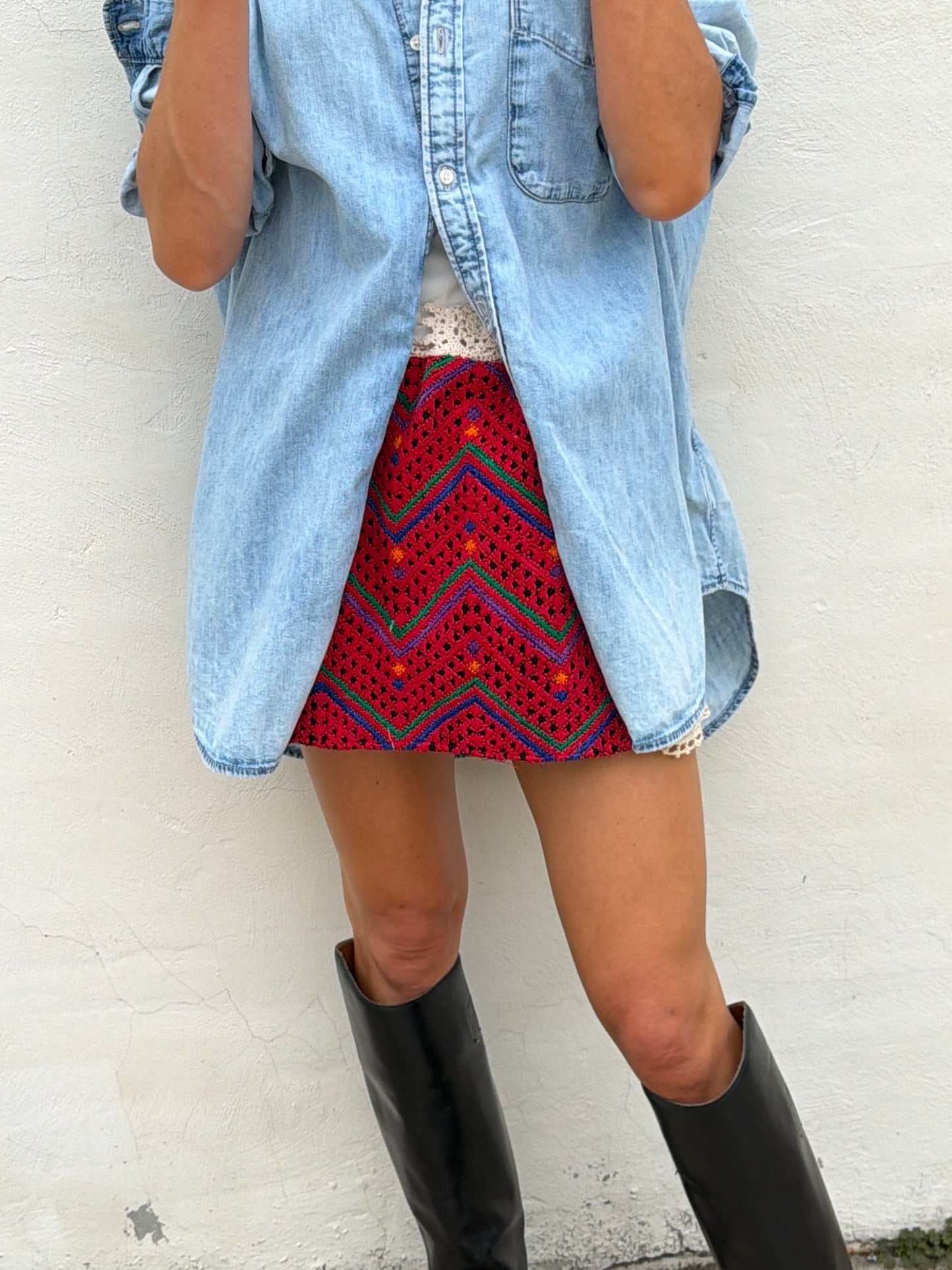Woven Textile and Crochet Mini Skirt