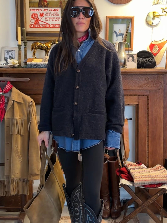 Wool Cardigan with Leather Elbow and Buttons