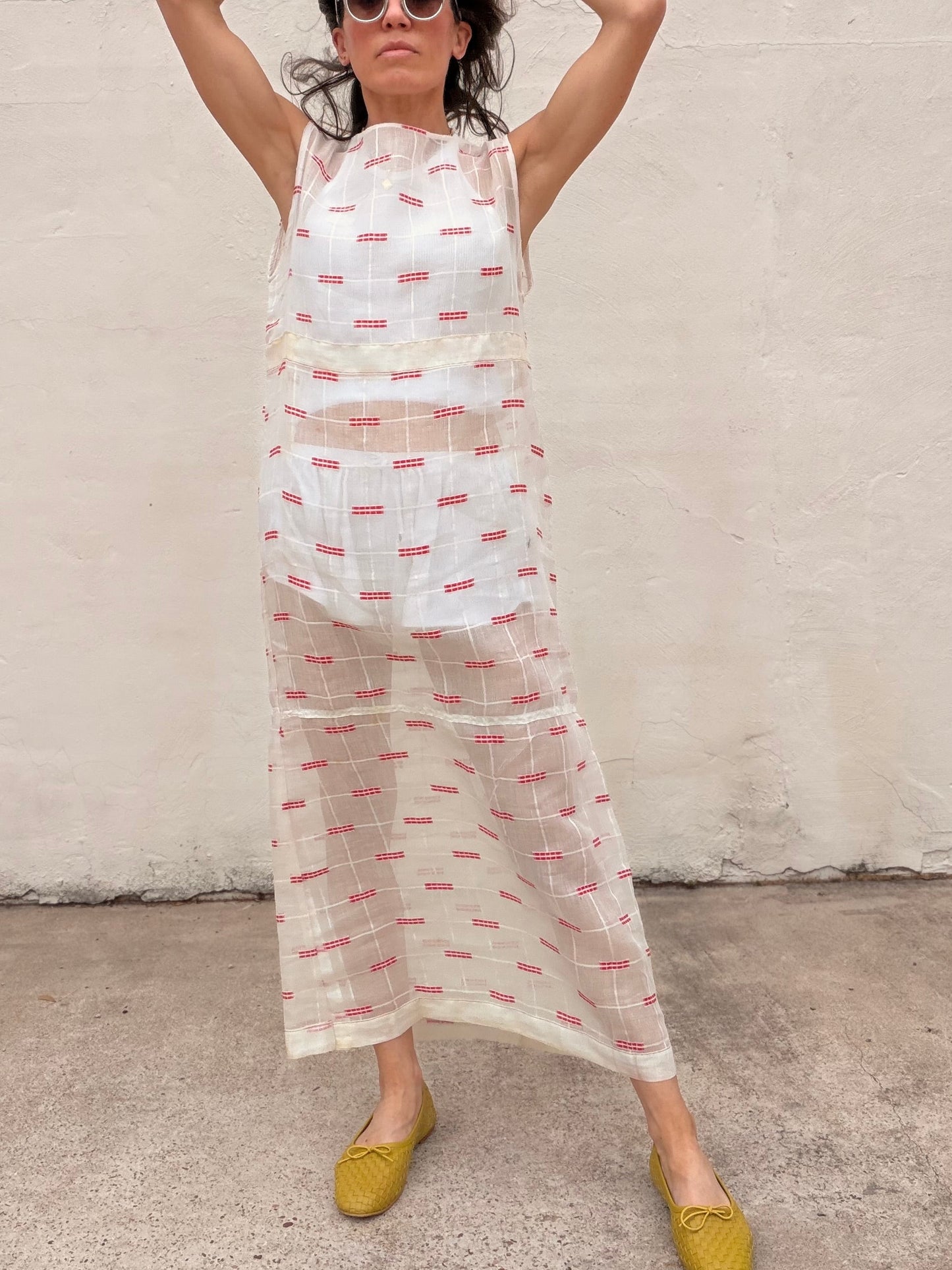 Maxi Dress Antique Organdy with Red Embroidery