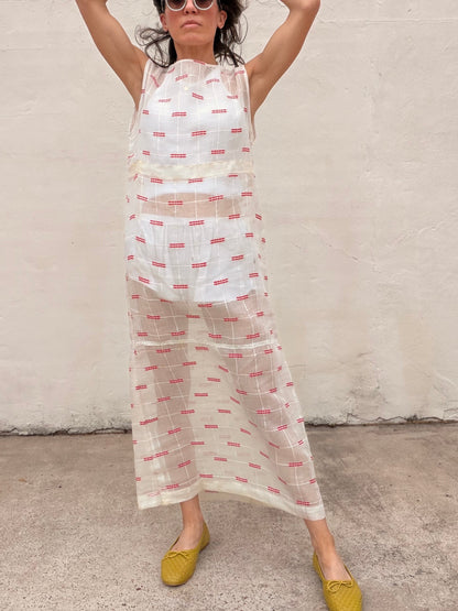 Maxi Dress Antique Organdy with Red Embroidery