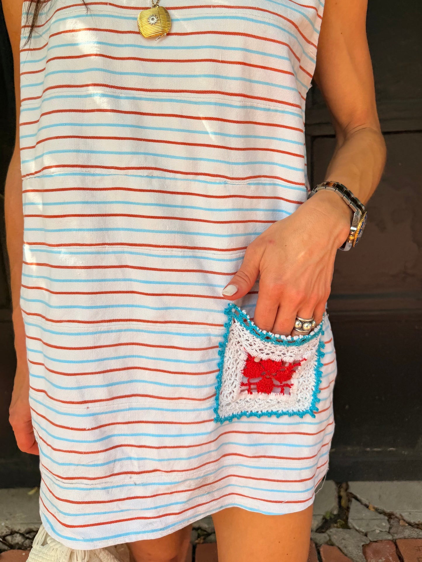 Striped Mini Dress with Crochet Pocket