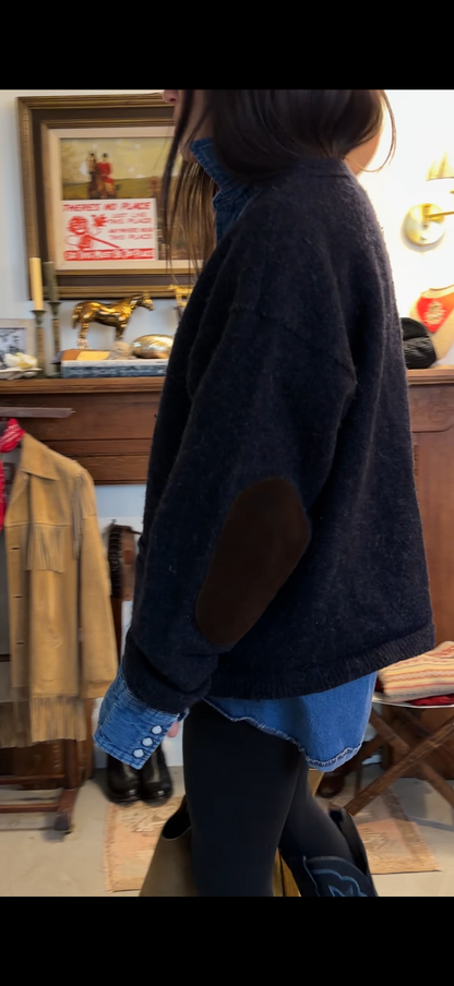 Wool Cardigan with Leather Elbow and Buttons