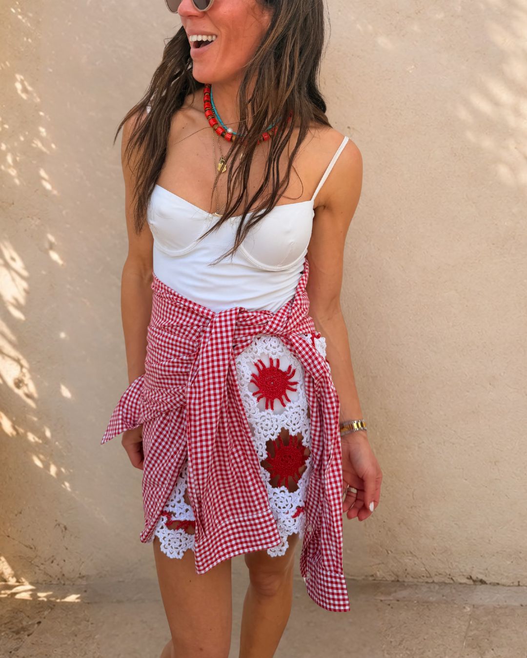 Red and White Crochet Mini Skirt