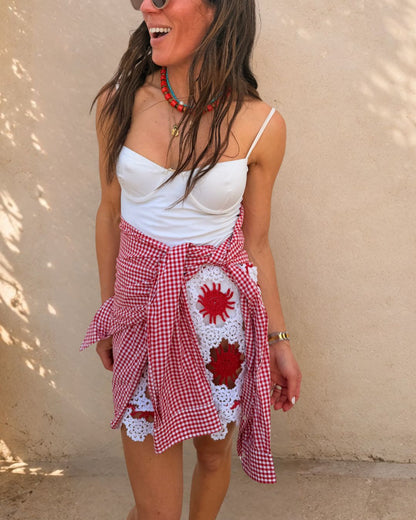 Red and White Crochet Mini Skirt