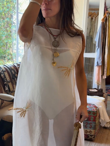 Sheer Maxi Dress With Wheat Embroidery