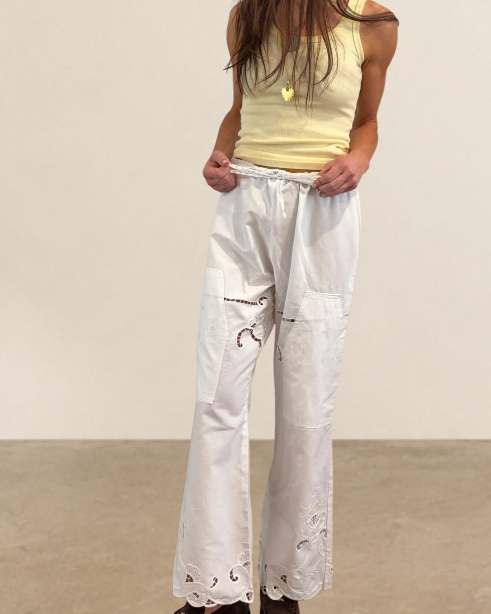 Reworked Antique Embroidered Linen Pants