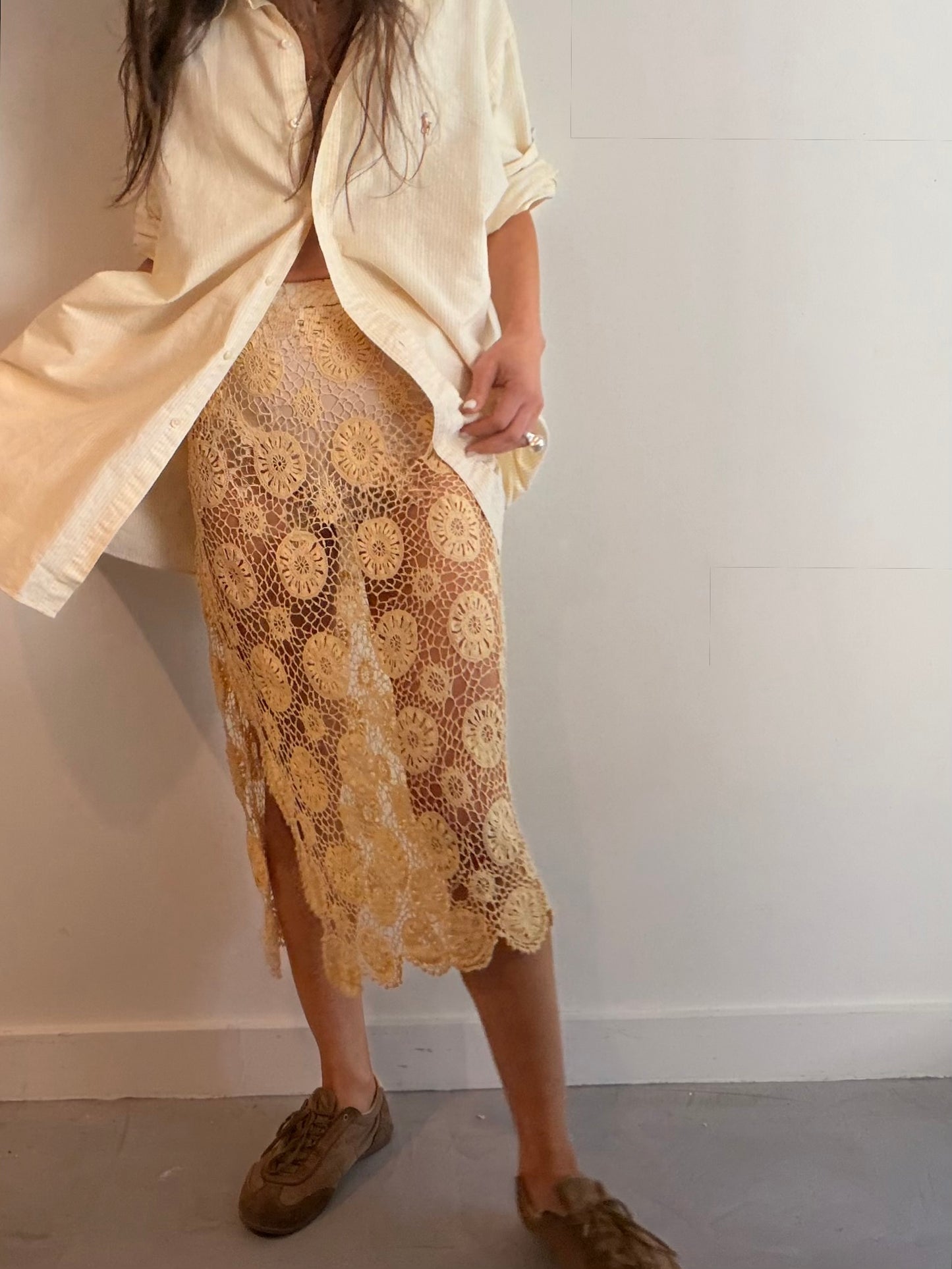 Yellow Lace Midi Skirt