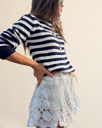 Mixed Crochet and Lace Drawstring Mini Skirt