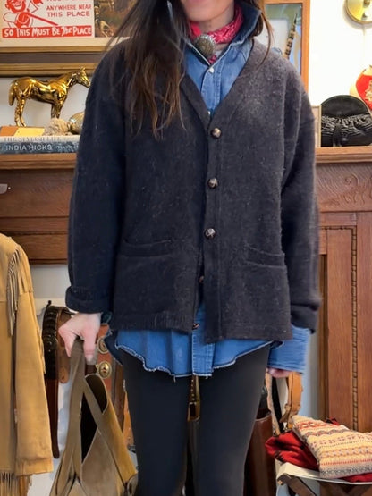 Wool Cardigan with Leather Elbow and Buttons