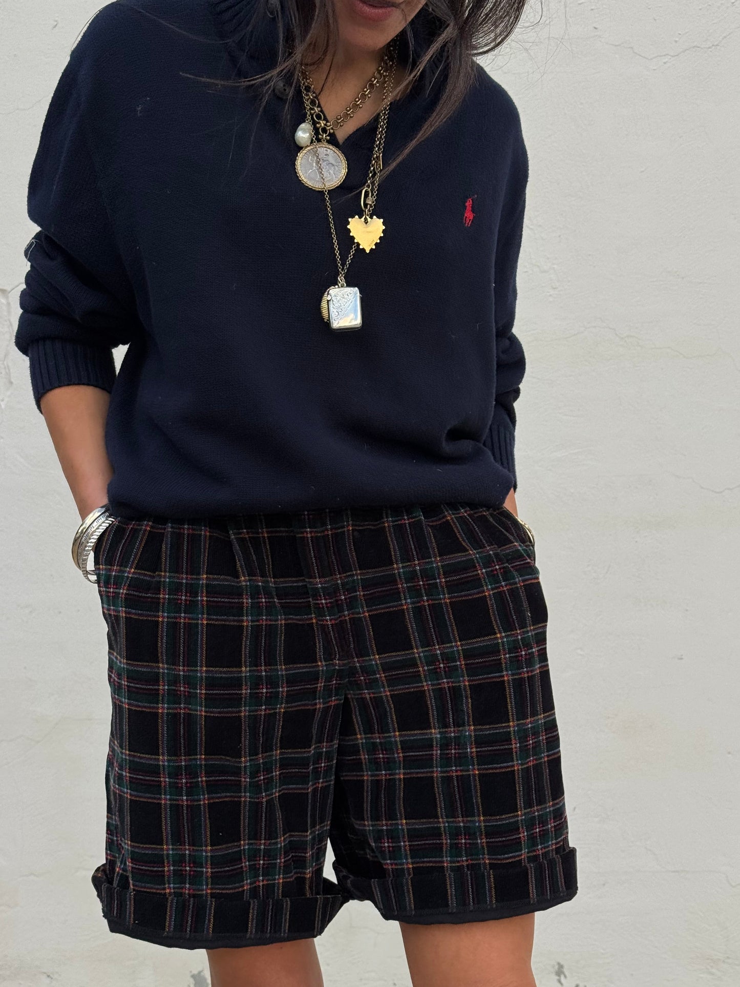 Plaid Corduroy Pleated Shorts