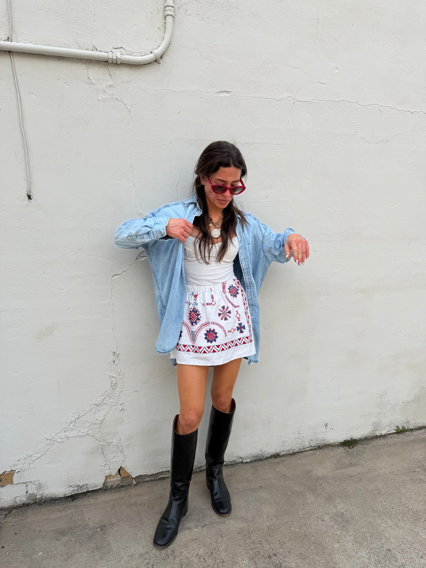 Scandi Red and Blue Embroidered Mini Skirt