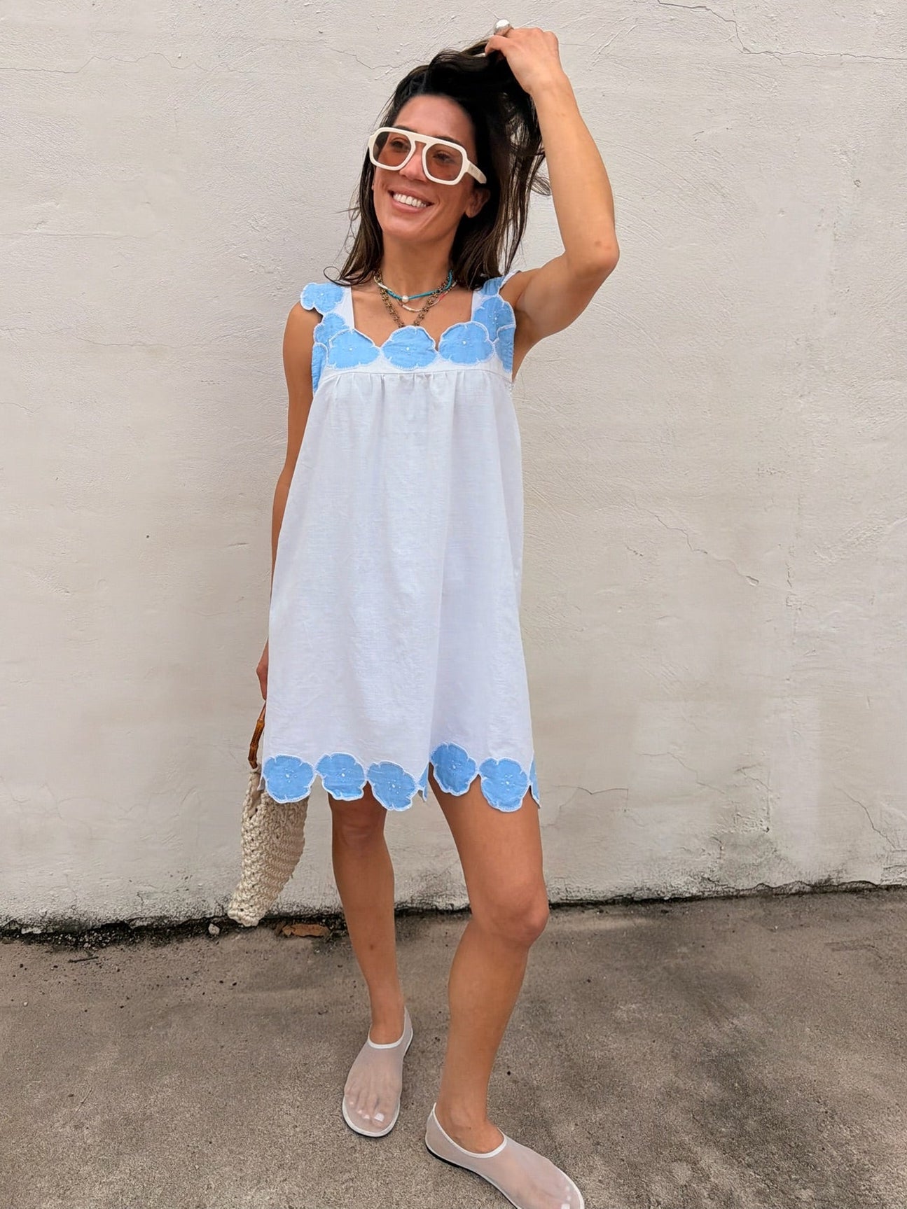 Blue Flower Trim Mini Dress
