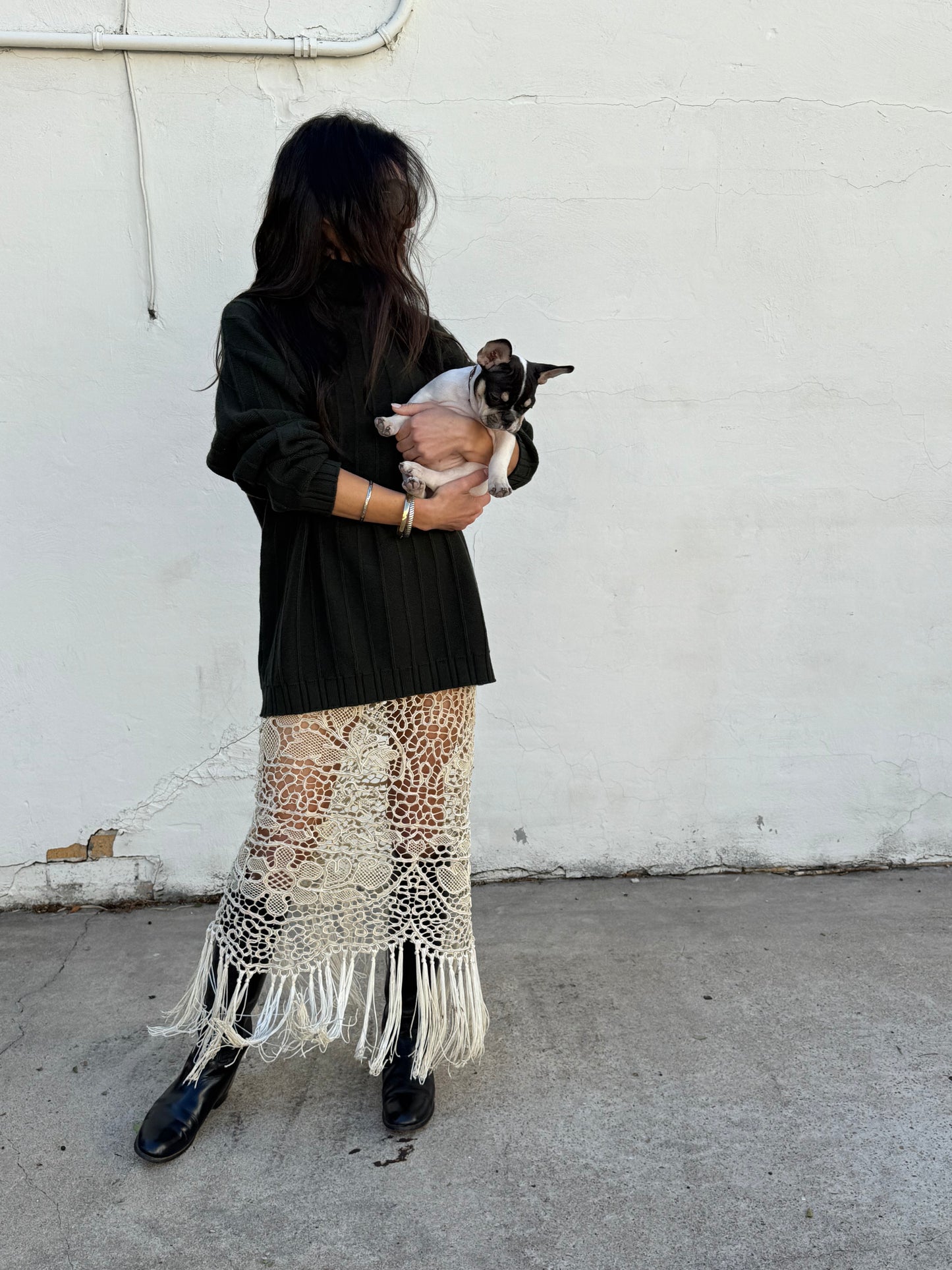 Antique Silk Crochet Fringe Tablecloth Skirt