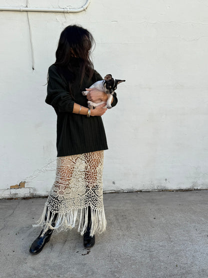 Antique Silk Crochet Fringe Tablecloth Skirt