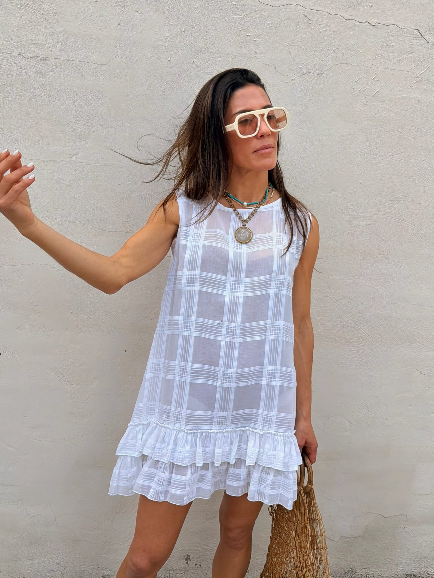 Sheer Check Ruffle Mini Dress