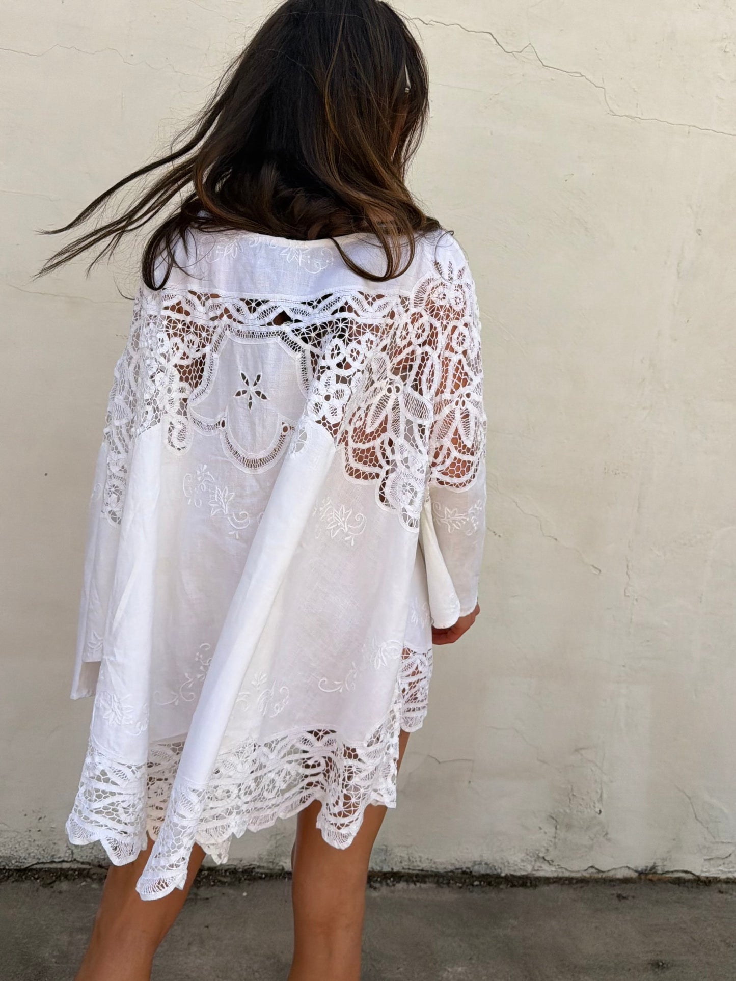 Bell Sleeve Cutwork Mini Dress