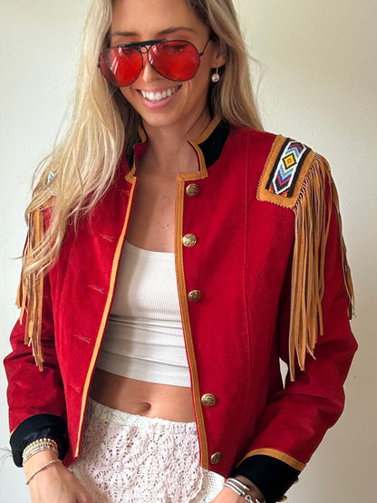 Red Suede Beaded Fringe Jacket