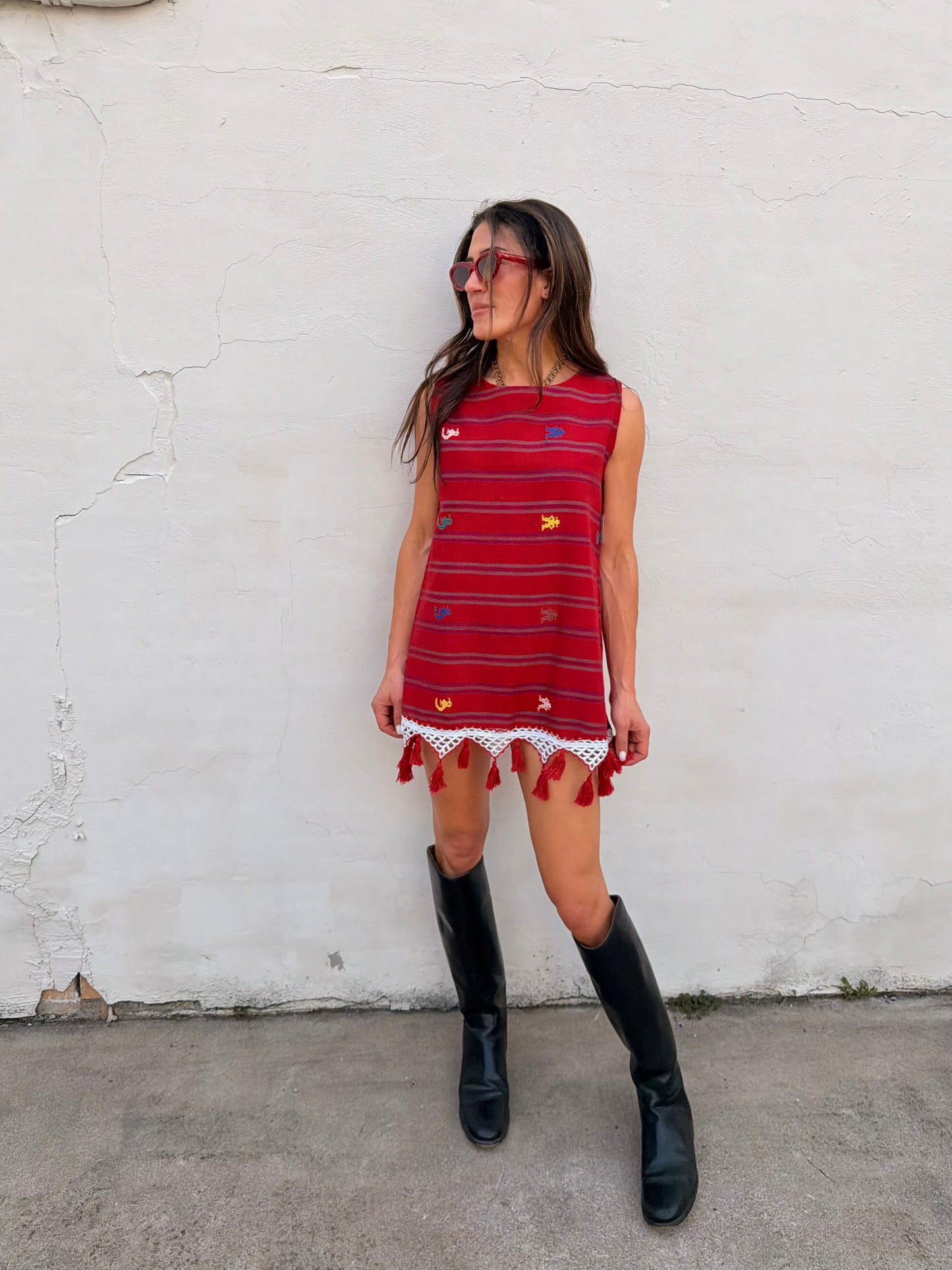 Red Guatemalan Embroidery Mini Dress with Tassel Trim