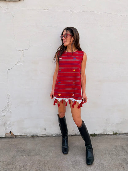 Red Guatemalan Embroidery Mini Dress with Tassel Trim