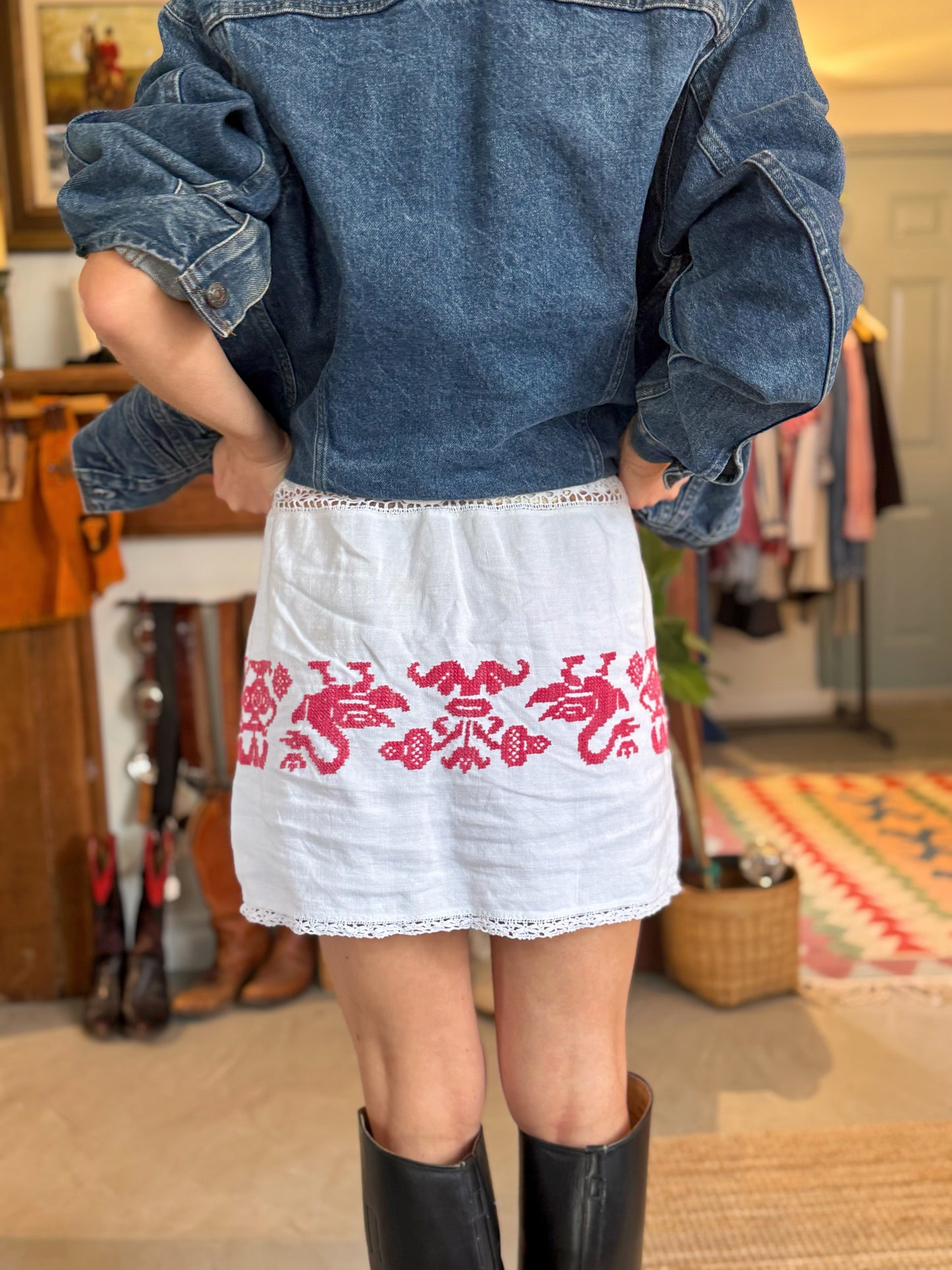Red and White Antique Cross Stitch Mini Skirt
