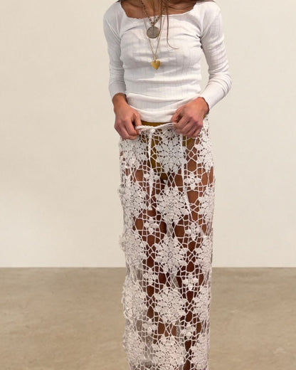 Openwork Crochet Drawstring Maxi Skirt