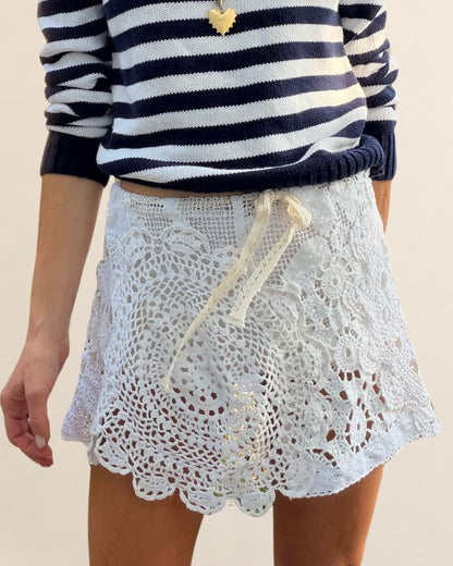 Mixed Crochet and Lace Drawstring Mini Skirt