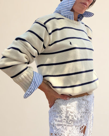 RL Cream/Navy Stripe Cotton Crew
