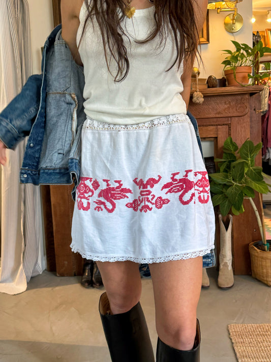Red and White Antique Cross Stitch Mini Skirt