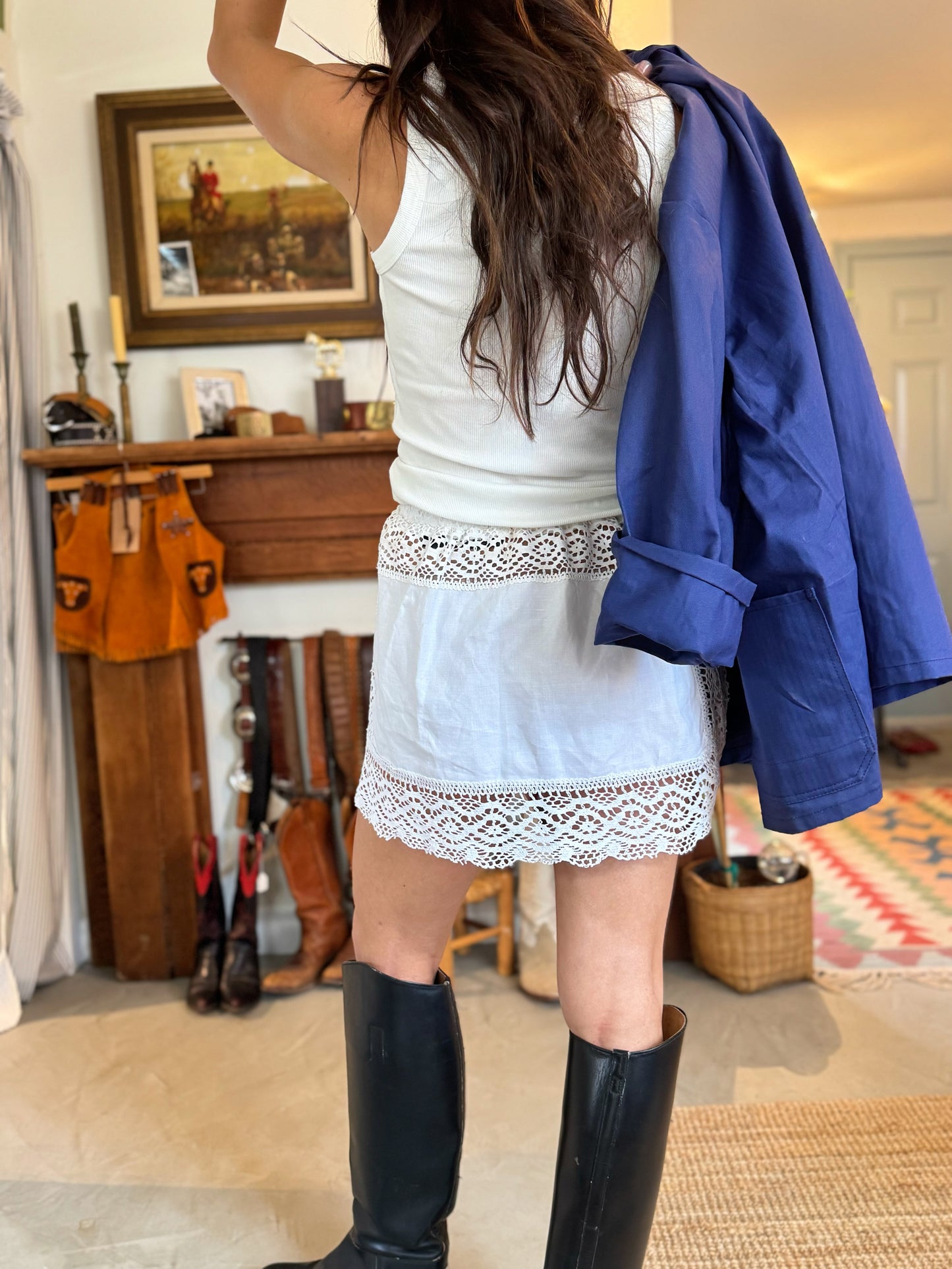 White Linen and Lace Tablecloth Mini Skirt