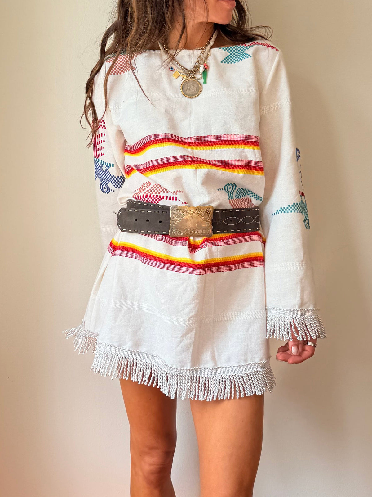 Guatemalan Long Sleeve Mini Dress Off White with Tassels