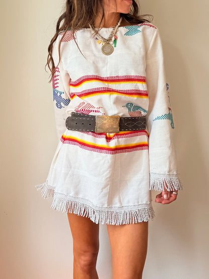 Guatemalan Long Sleeve Mini Dress Off White with Tassels