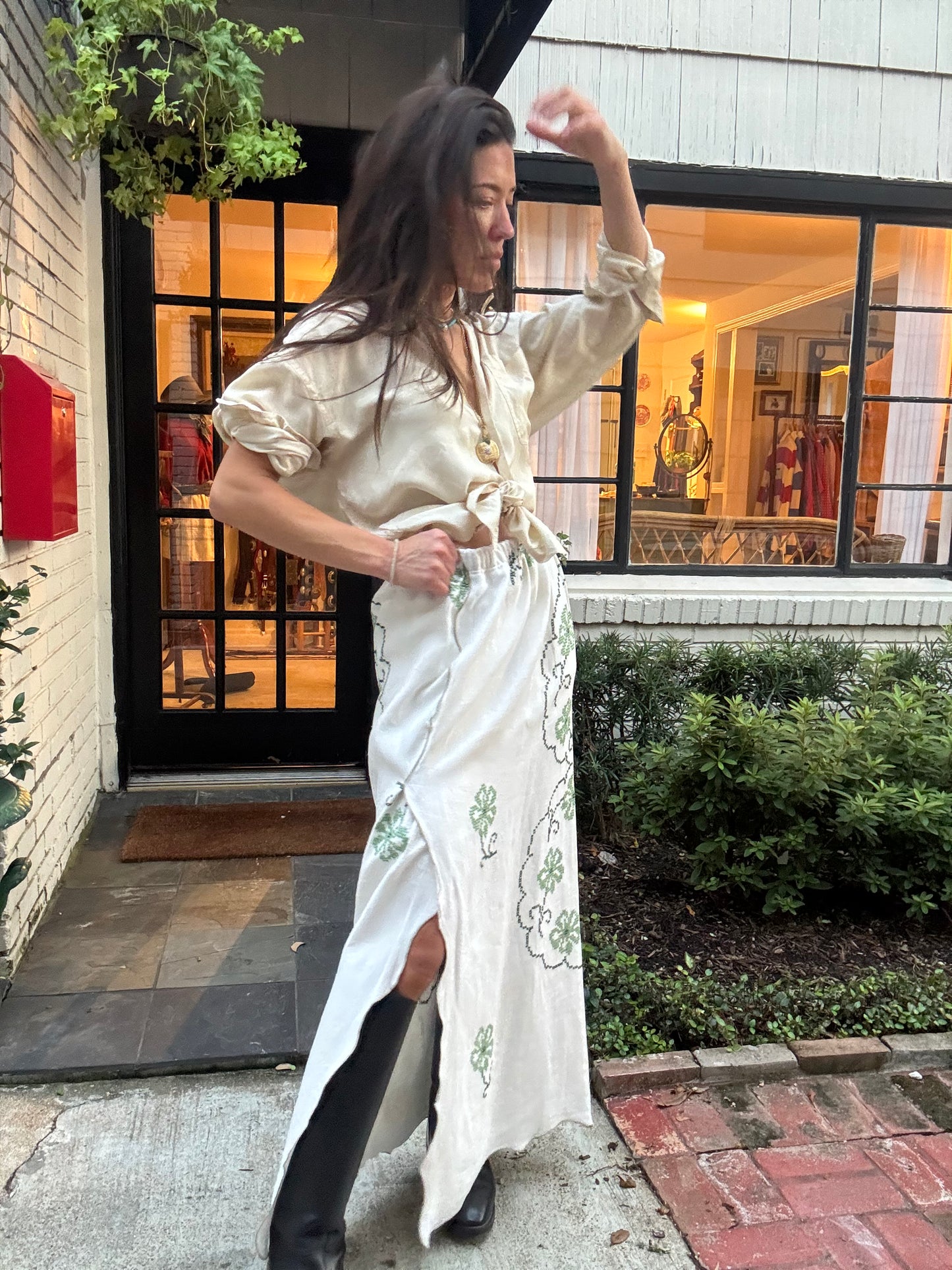 Green Floral Cross-stitched Maxi Skirt