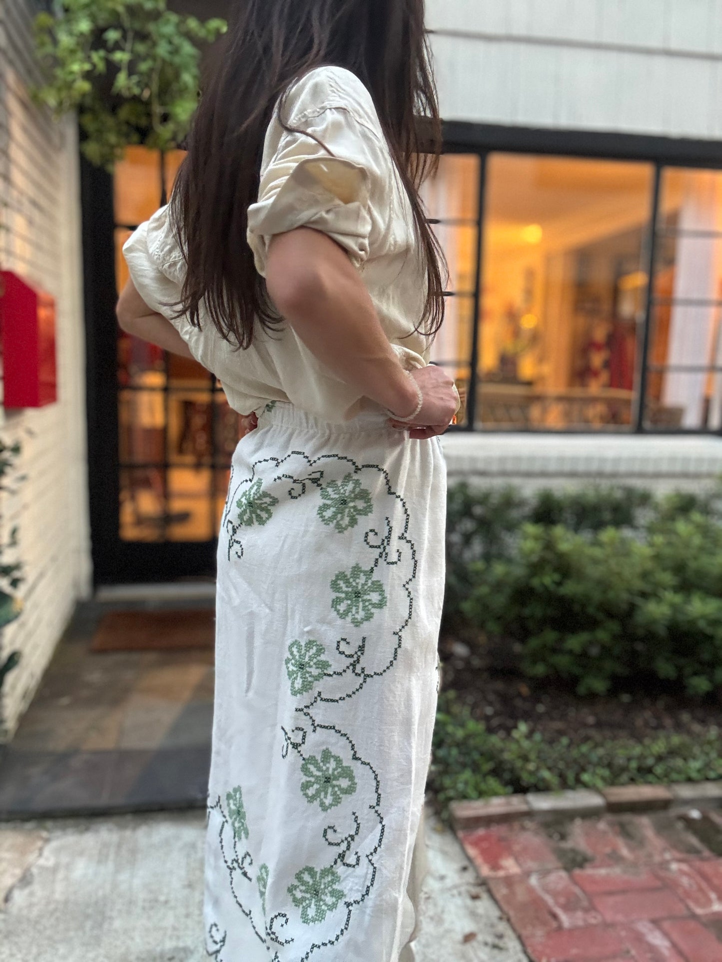 Green Floral Cross-stitched Maxi Skirt