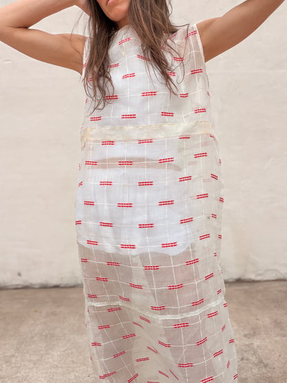 Maxi Dress Antique Organdy with Red Embroidery