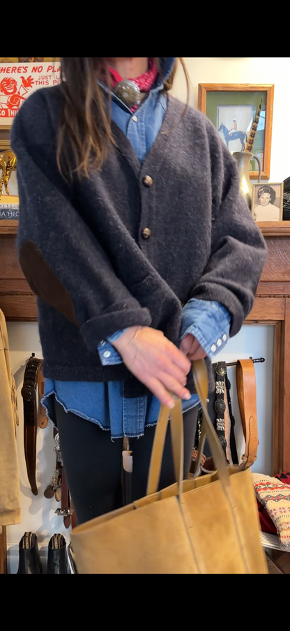 Wool Cardigan with Leather Elbow and Buttons