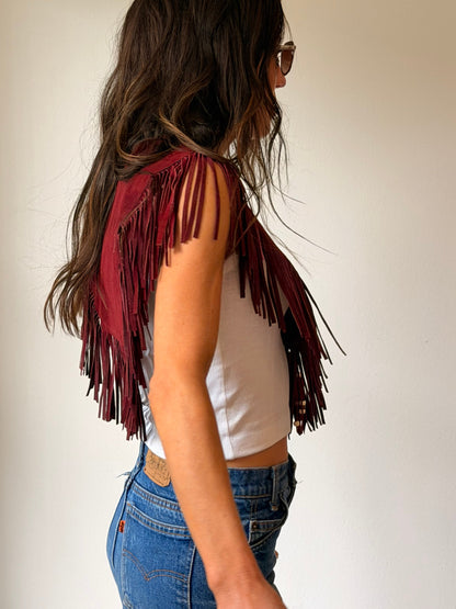 Burgundy Suede Fringe Capelet