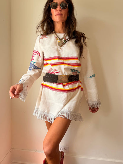 Guatemalan Long Sleeve Mini Dress Off White with Tassels