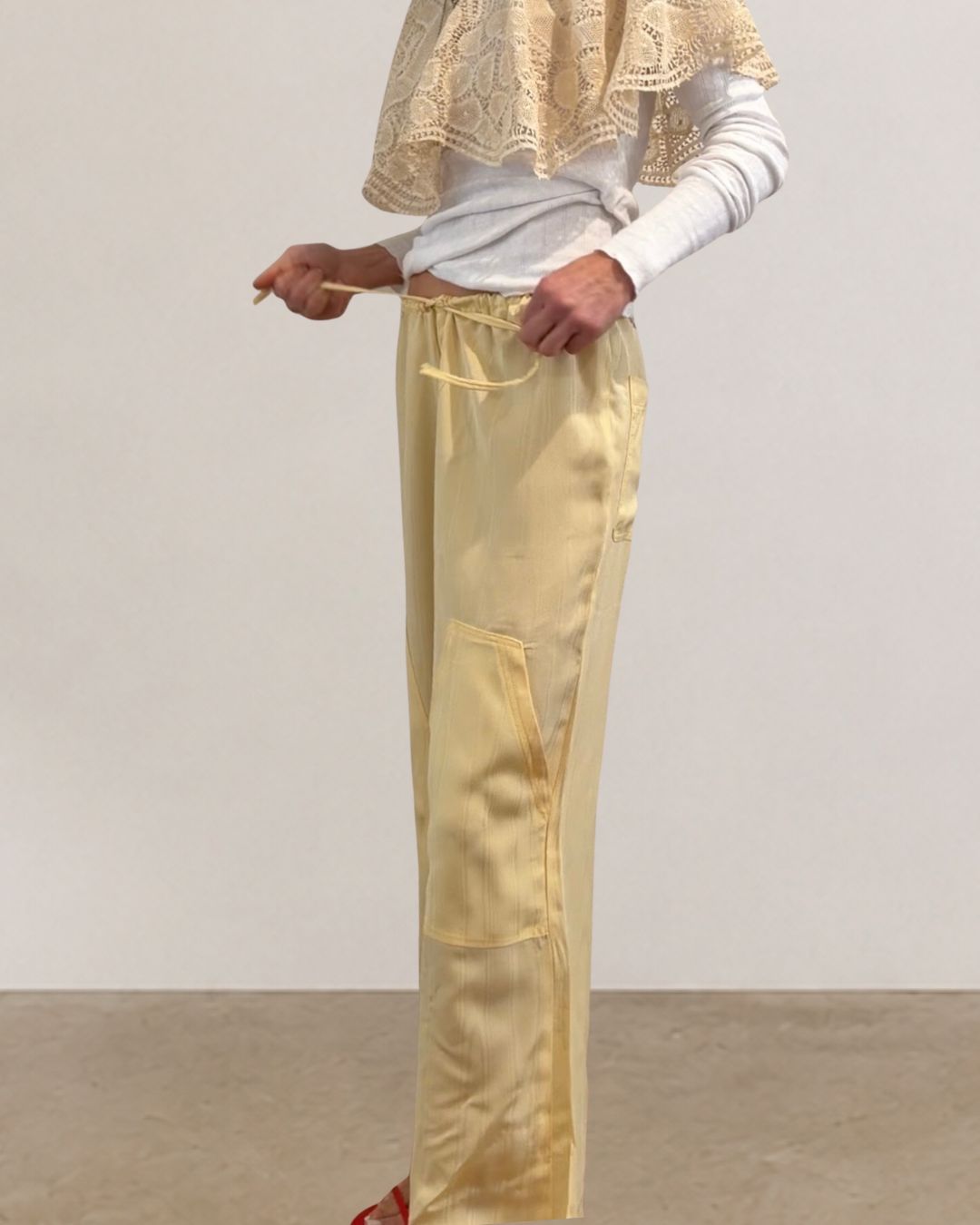 Reworked Silk Moire Cargo Pants Butter Yellow