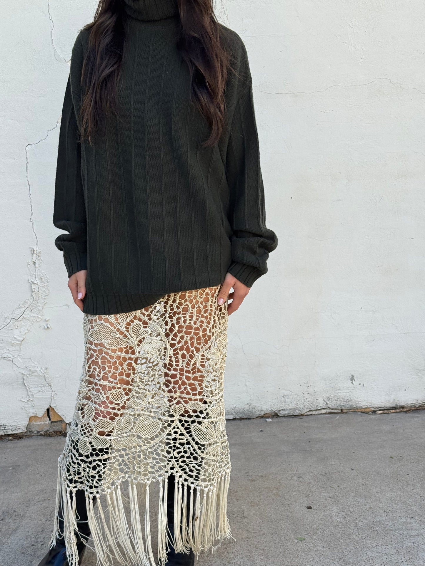 Antique Silk Crochet Fringe Tablecloth Skirt