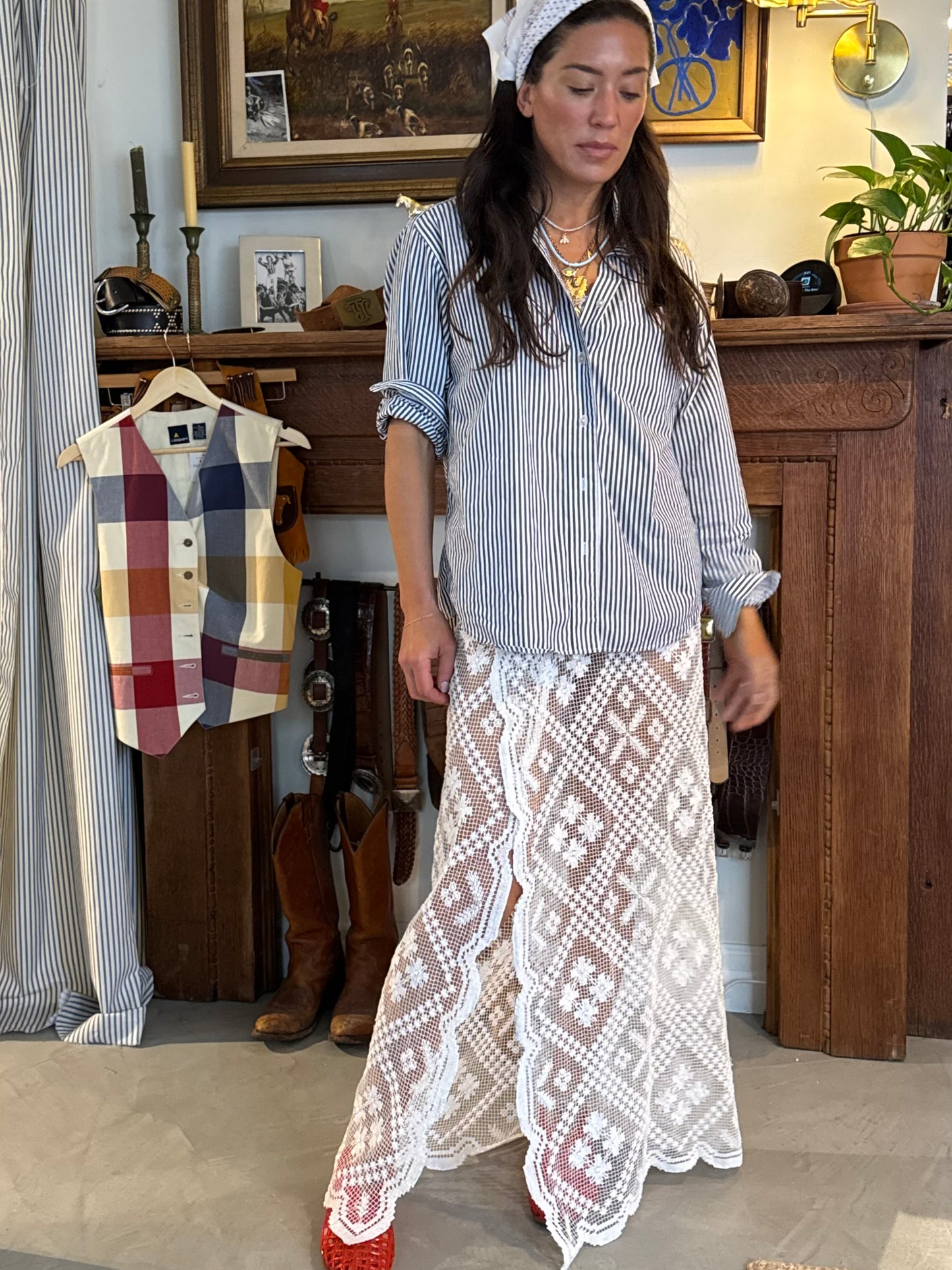 White Lace Antique Tablecloth Maxi Skirt
