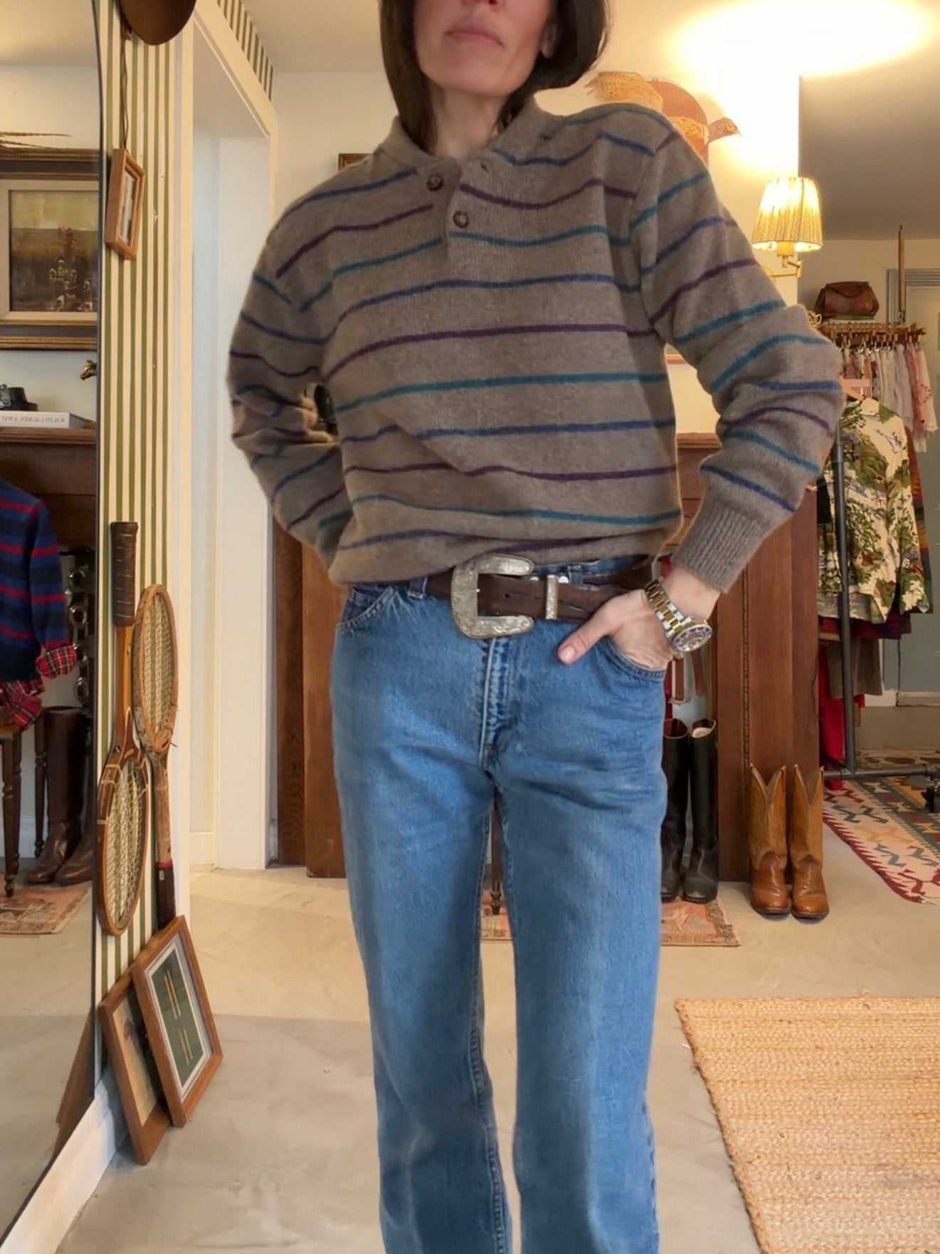 Wool Striped Sweater w/ Leather Buttons S/M