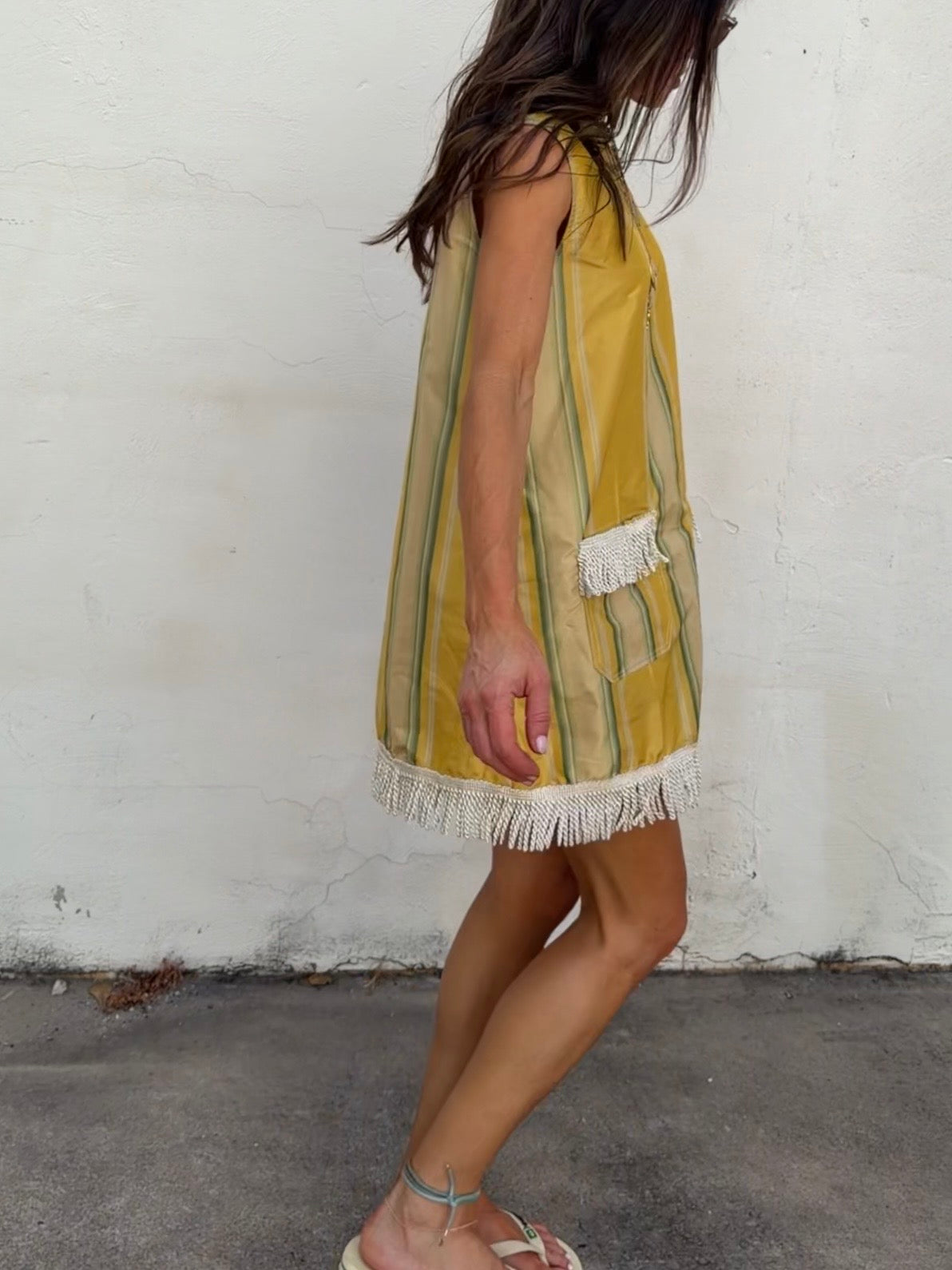 Taffeta Stripe Dress with Tassel Trim