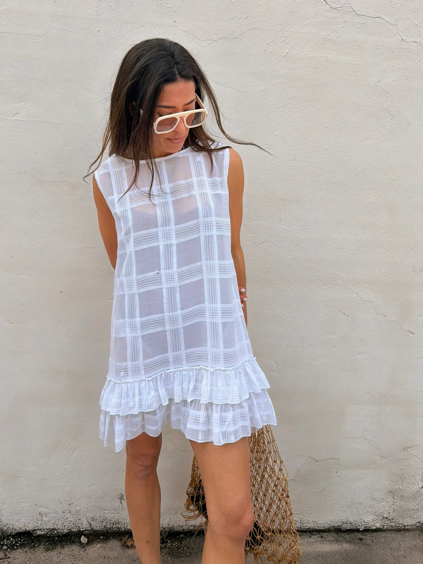 Sheer Check Ruffle Mini Dress