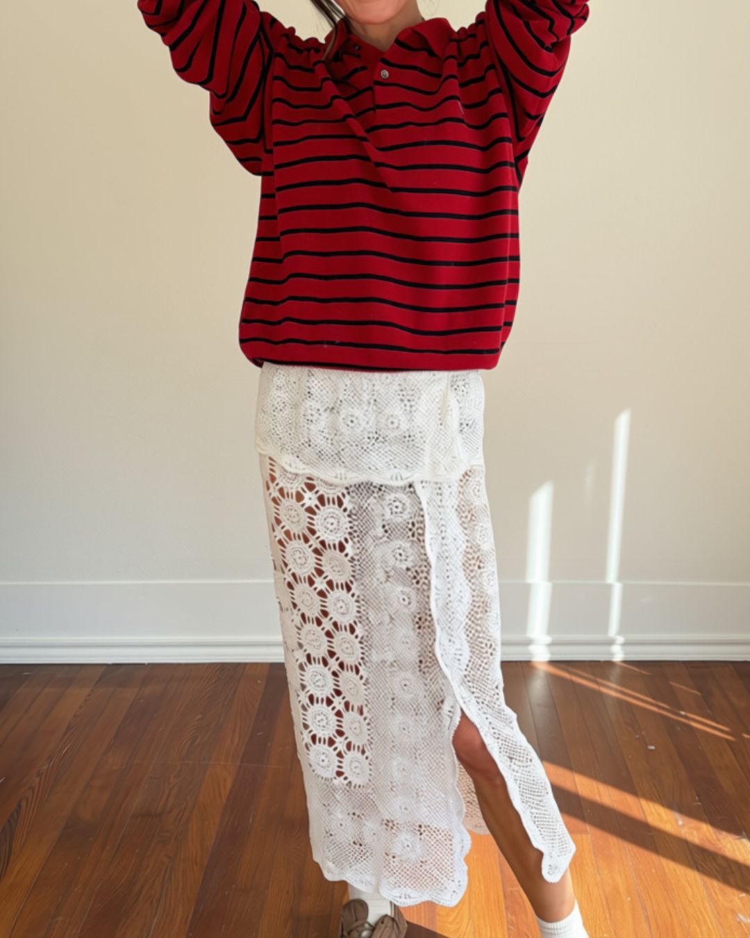 Red and Navy Stripe Cotton Polo Knit