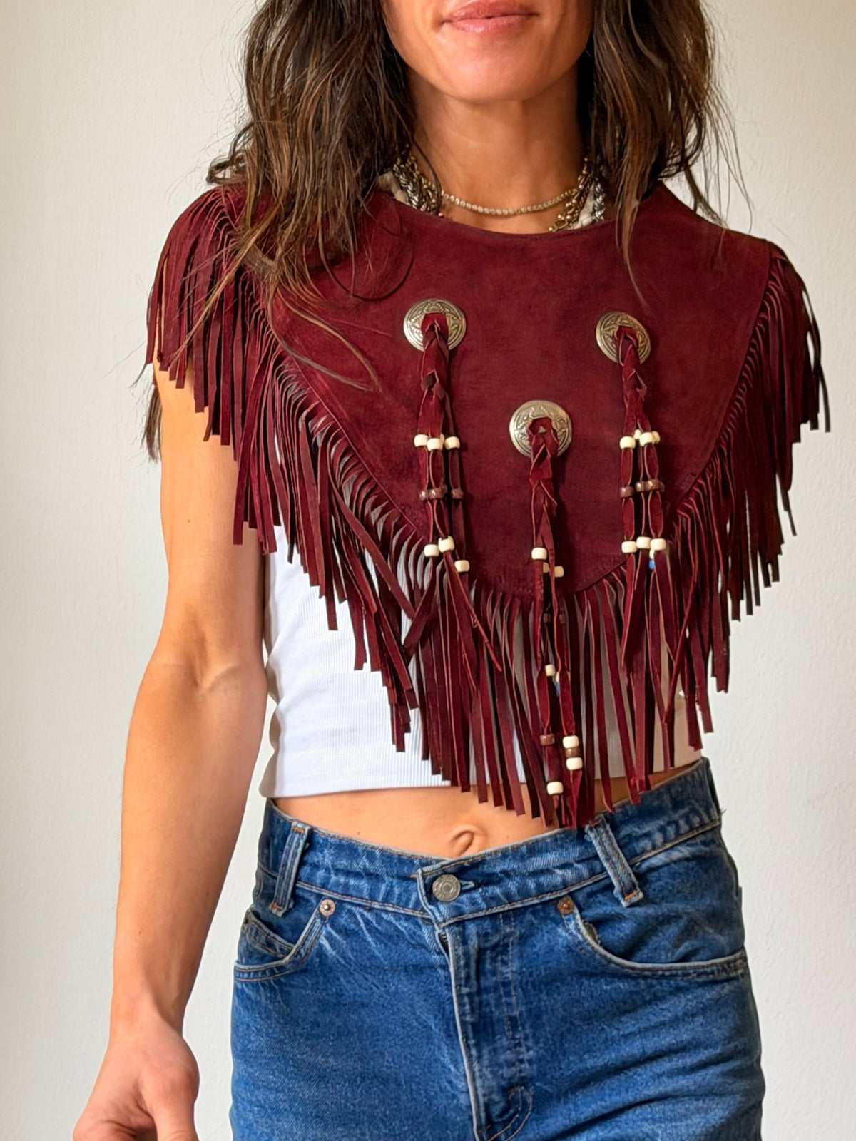 Burgundy Suede Fringe Capelet